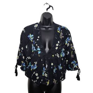 Free People Black Floral Peasant Blouse with Blue & Yellow Flowers